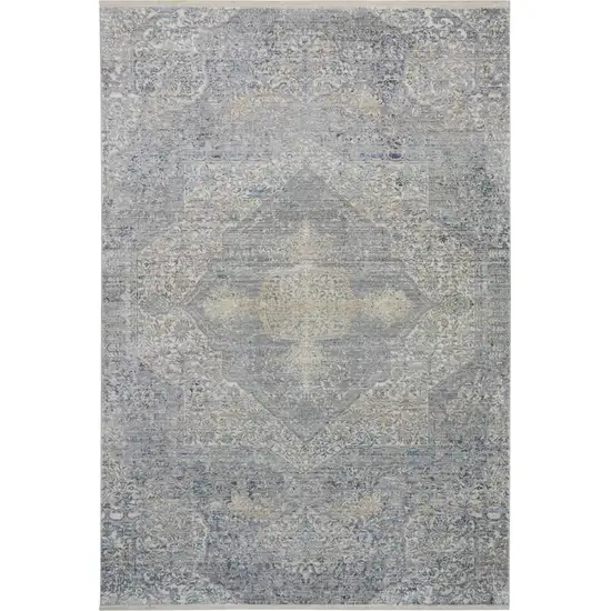 Blue Gray And Cream Floral Non Skid Area Rug With Fringe Photo 7