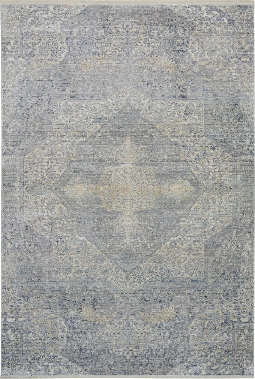 Blue Gray And Cream Floral Non Skid Area Rug With Fringe Photo 7