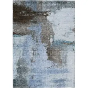 Photo of Blue Gray And Dark Brown Abstract Washable Indoor Outdoor Area Rug