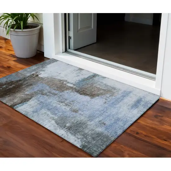 Blue Gray And Dark Brown Abstract Washable Indoor Outdoor Area Rug Photo 1