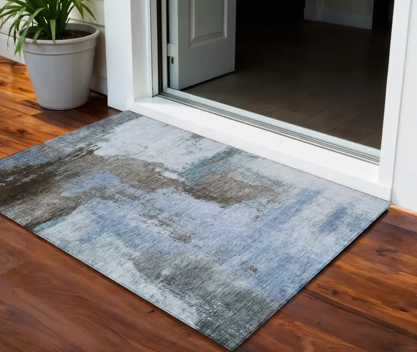 Blue Gray And Dark Brown Abstract Washable Indoor Outdoor Area Rug Photo 1