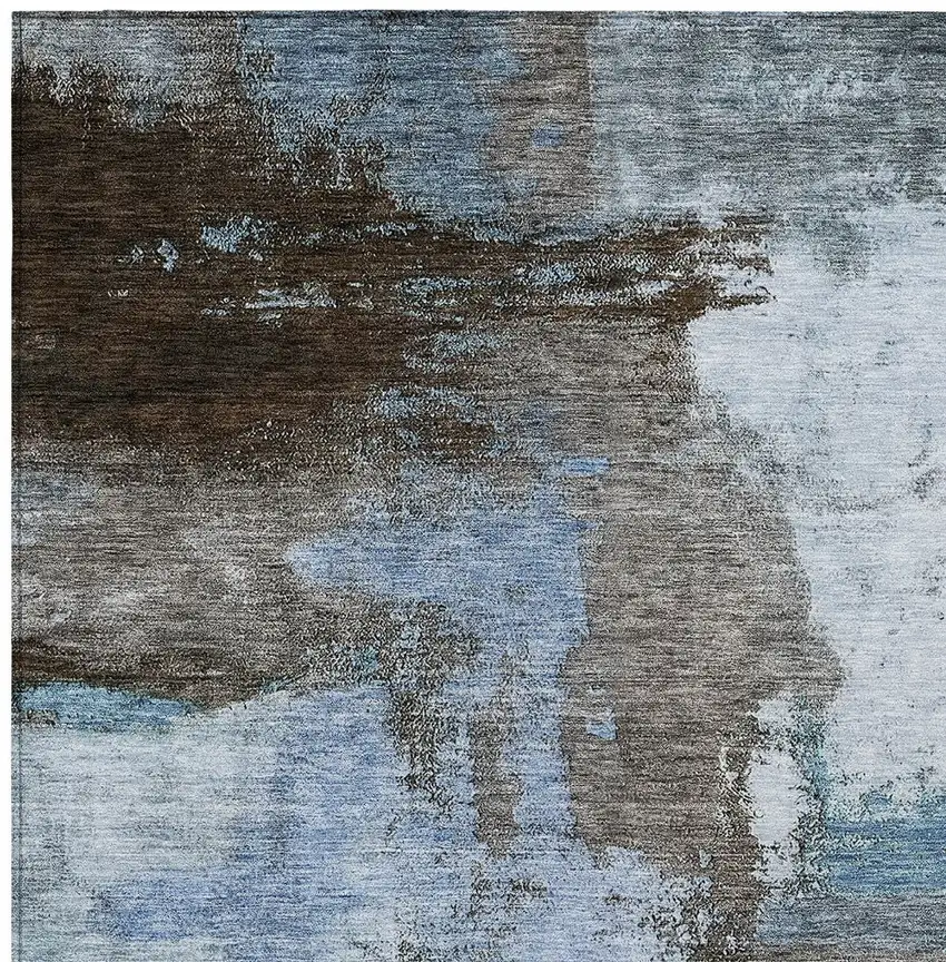 Blue Gray And Dark Brown Abstract Washable Indoor Outdoor Area Rug Photo 5