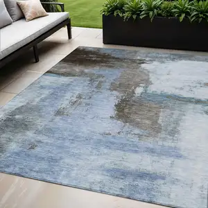Photo of Blue Gray And Dark Brown Abstract Washable Indoor Outdoor Area Rug