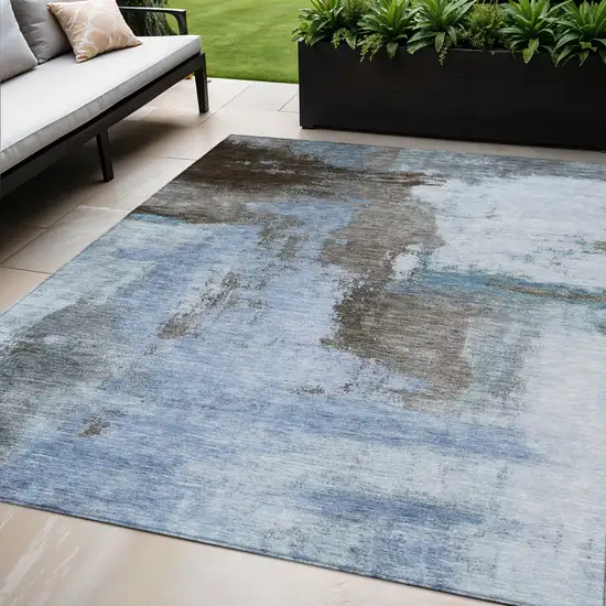 Blue Gray And Dark Brown Abstract Washable Indoor Outdoor Area Rug Photo 1