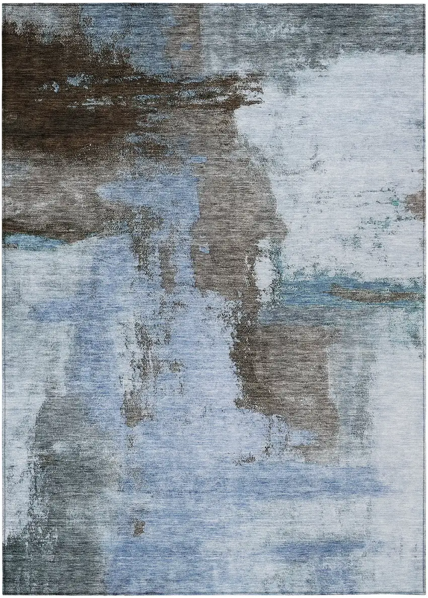 Blue Gray And Dark Brown Abstract Washable Indoor Outdoor Area Rug Photo 2