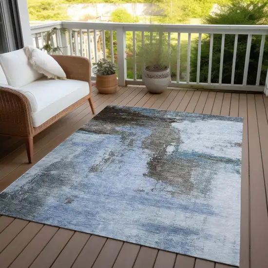 Blue Gray And Dark Brown Abstract Washable Indoor Outdoor Area Rug Photo 7