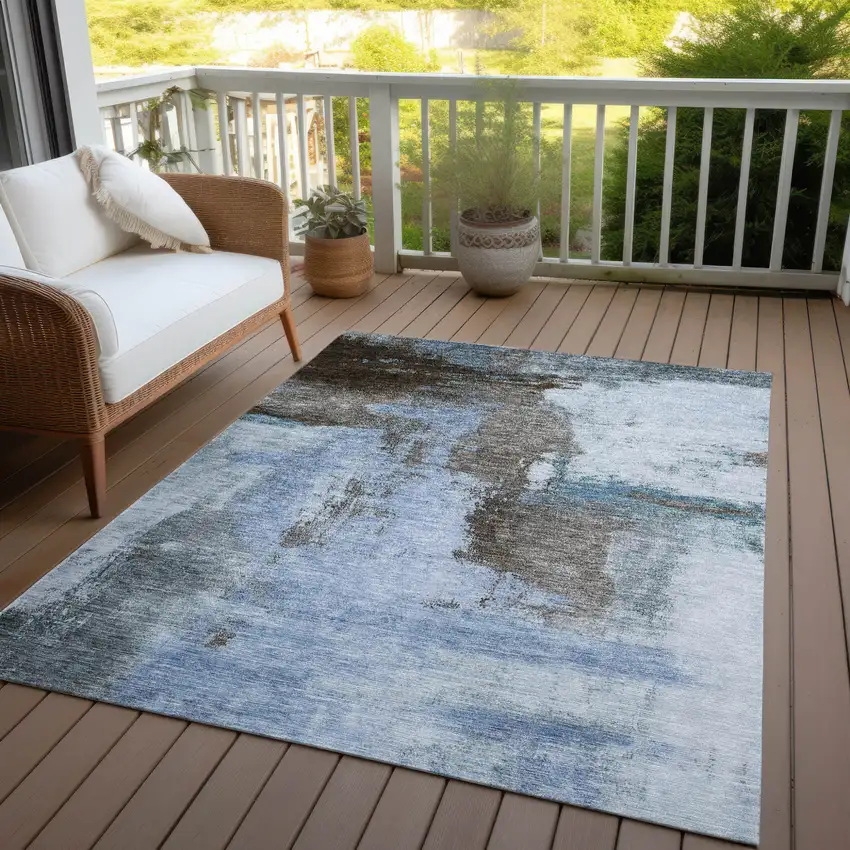 Blue Gray And Dark Brown Abstract Washable Indoor Outdoor Area Rug Photo 7