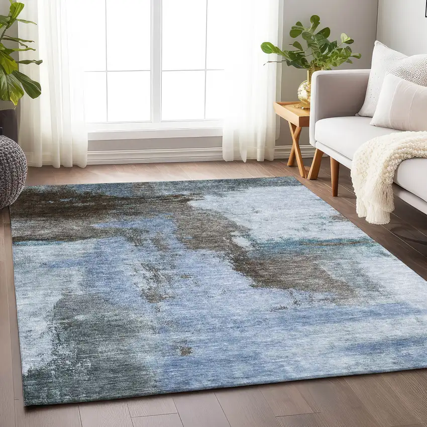 Blue Gray And Dark Brown Abstract Washable Indoor Outdoor Area Rug Photo 8
