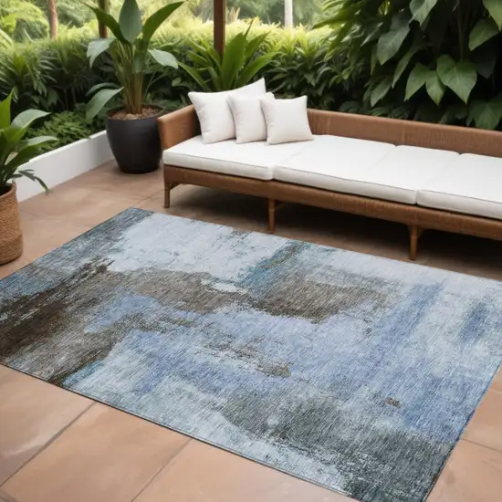 Blue Gray And Dark Brown Abstract Washable Indoor Outdoor Area Rug Photo 1