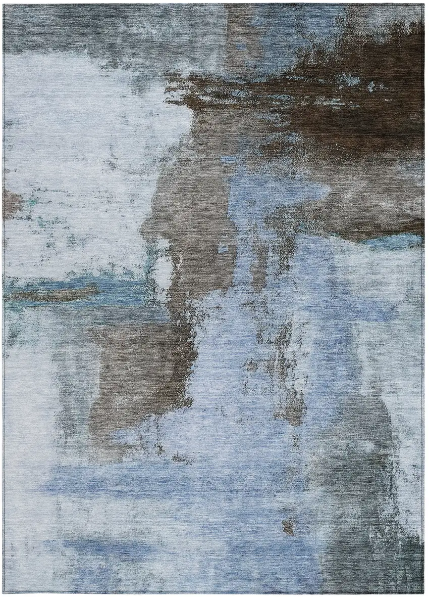 Blue Gray And Dark Brown Abstract Washable Indoor Outdoor Area Rug Photo 6
