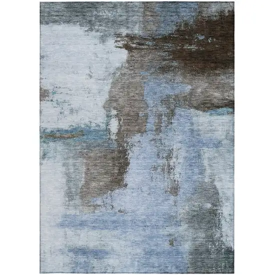 Blue Gray And Dark Brown Abstract Washable Indoor Outdoor Area Rug Photo 6