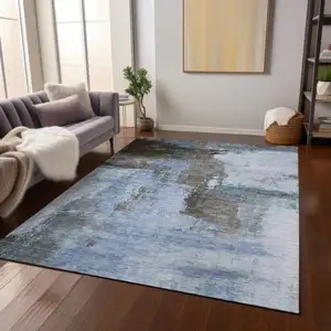 Photo of Blue Gray And Dark Brown Abstract Washable Indoor Outdoor Area Rug