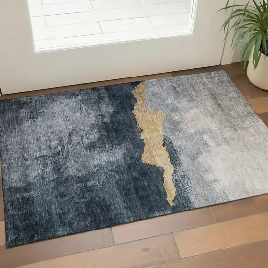 Blue Gray And Gold Abstract Washable Area Rug With UV Protection Photo 1