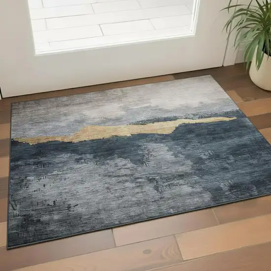 Blue Gray And Gold Abstract Washable Area Rug With UV Protection Photo 2