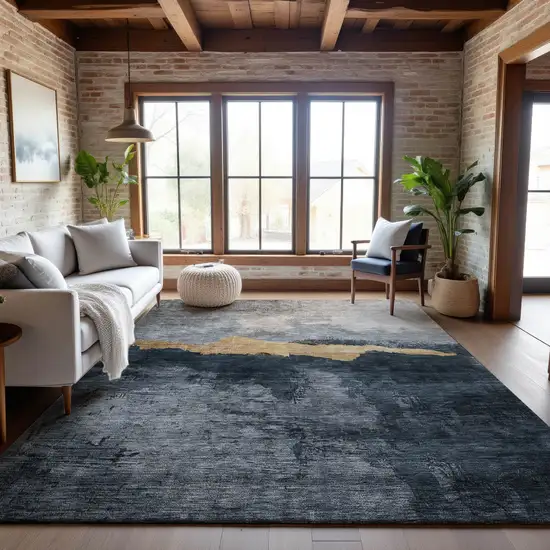 Blue Gray And Gold Abstract Washable Area Rug With UV Protection Photo 4