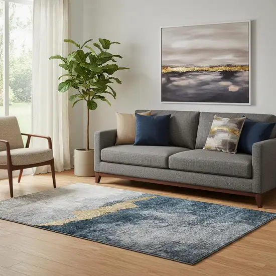 Blue Gray And Gold Abstract Washable Area Rug With UV Protection Photo 2