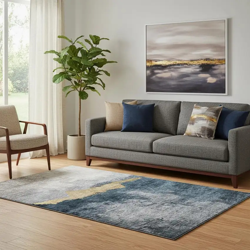 Blue Gray And Gold Abstract Washable Area Rug With UV Protection Photo 2