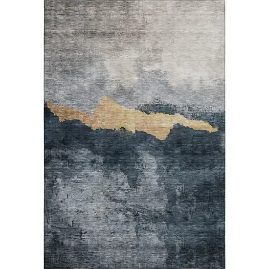 Blue Gray And Gold Abstract Washable Area Rug With UV Protection Photo 1