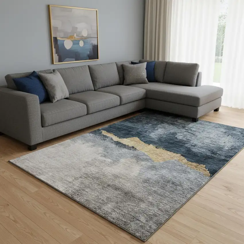 Blue Gray And Gold Abstract Washable Area Rug With UV Protection Photo 2