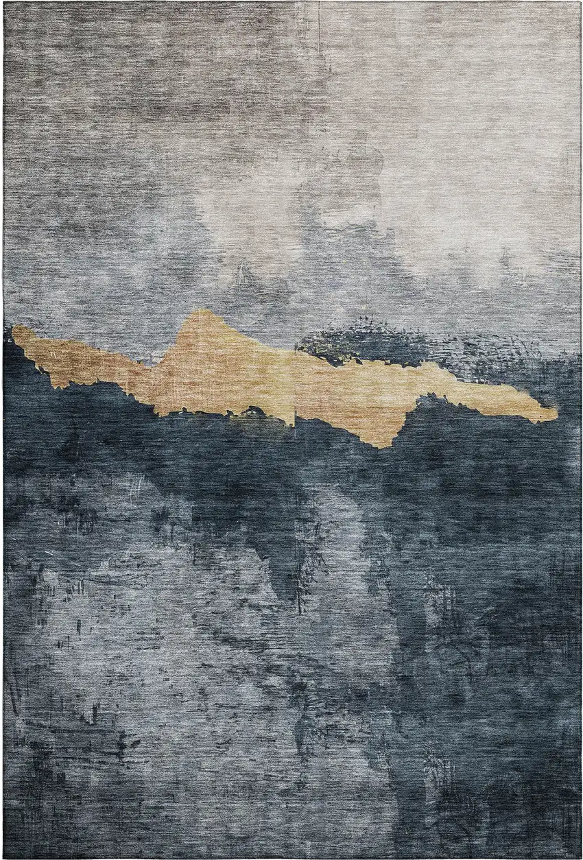 Blue Gray And Gold Abstract Washable Area Rug With UV Protection Photo 1