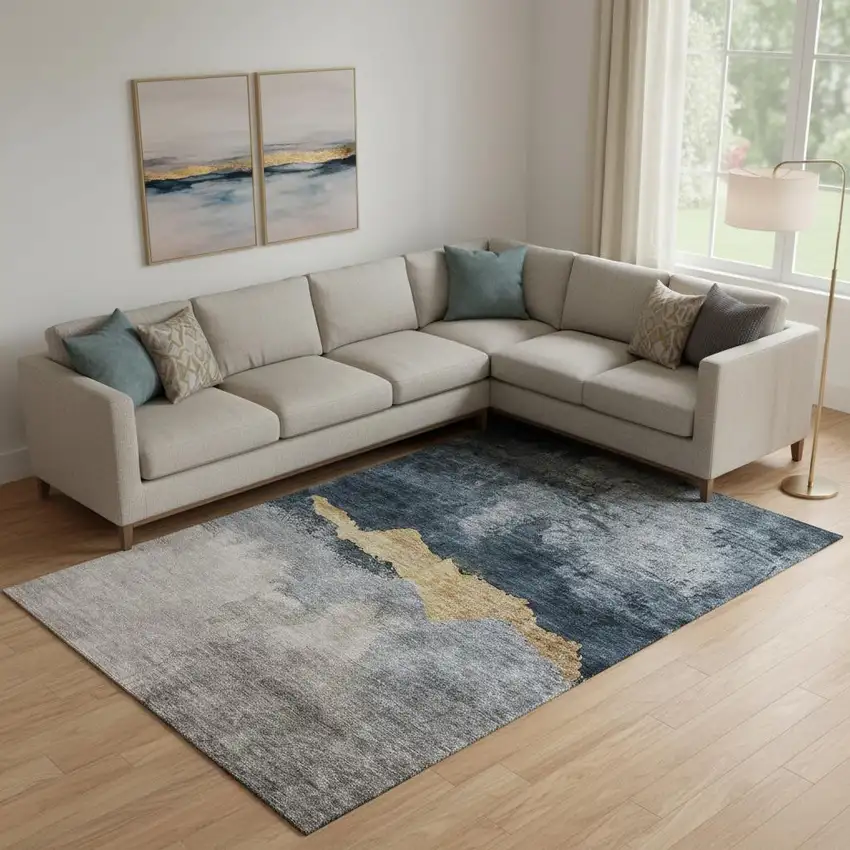 Blue Gray And Gold Abstract Washable Area Rug With UV Protection Photo 2