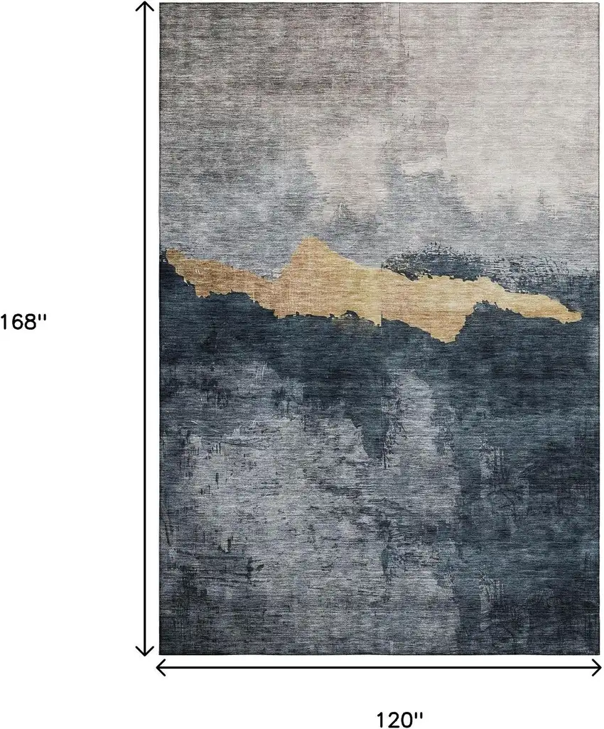 Blue Gray And Gold Abstract Washable Area Rug With UV Protection Photo 9