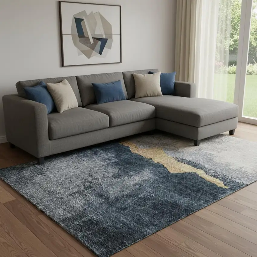 Blue Gray And Gold Abstract Washable Area Rug With UV Protection Photo 2