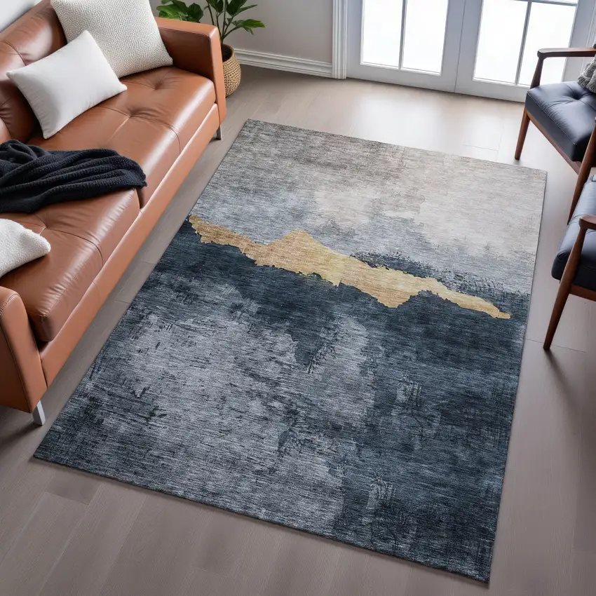 Blue Gray And Gold Abstract Washable Area Rug With UV Protection Photo 4