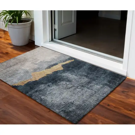 Blue Gray And Gold Abstract Washable Indoor Outdoor Area Rug Photo 1