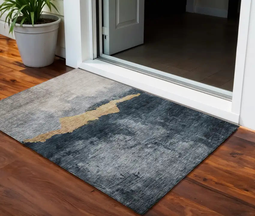 Blue Gray And Gold Abstract Washable Indoor Outdoor Area Rug Photo 1