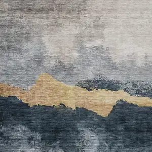 Photo of Blue Gray And Gold Abstract Washable Indoor Outdoor Area Rug