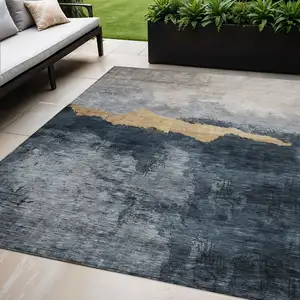 Photo of Blue Gray And Gold Abstract Washable Indoor Outdoor Area Rug