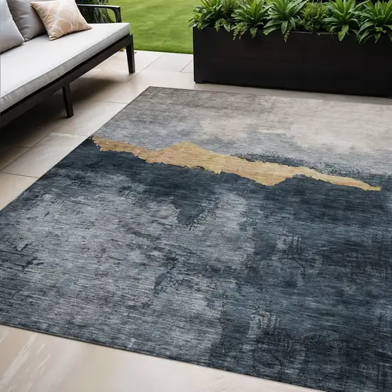 Blue Gray And Gold Abstract Washable Indoor Outdoor Area Rug Photo 1