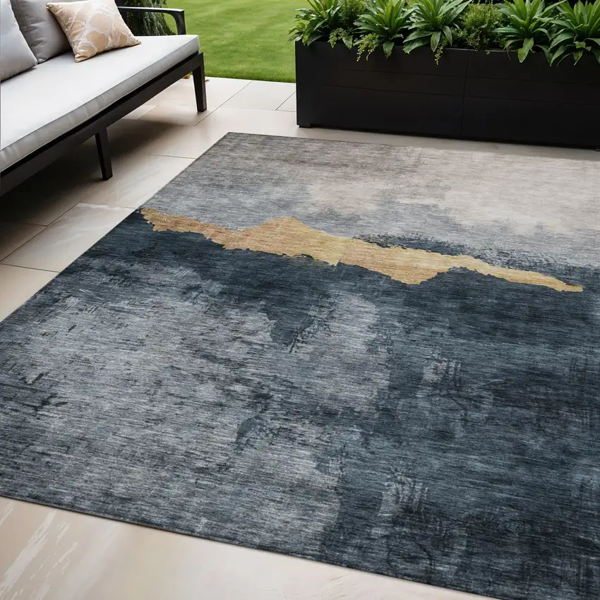 Blue Gray And Gold Abstract Washable Indoor Outdoor Area Rug Photo 1