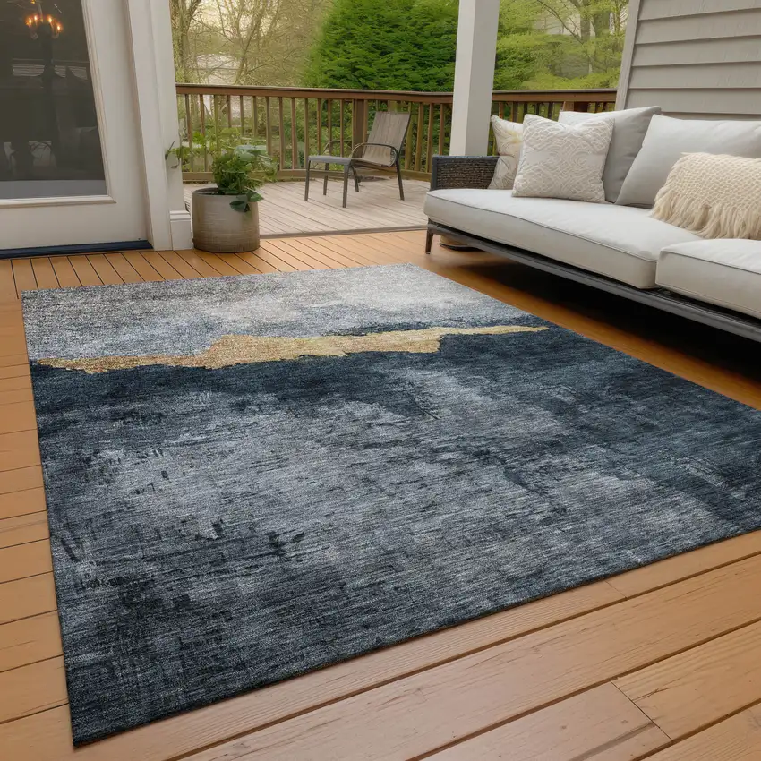 Blue Gray And Gold Abstract Washable Indoor Outdoor Area Rug Photo 9