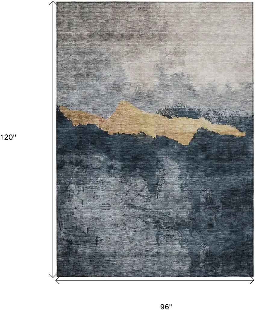 Blue Gray And Gold Abstract Washable Indoor Outdoor Area Rug Photo 6