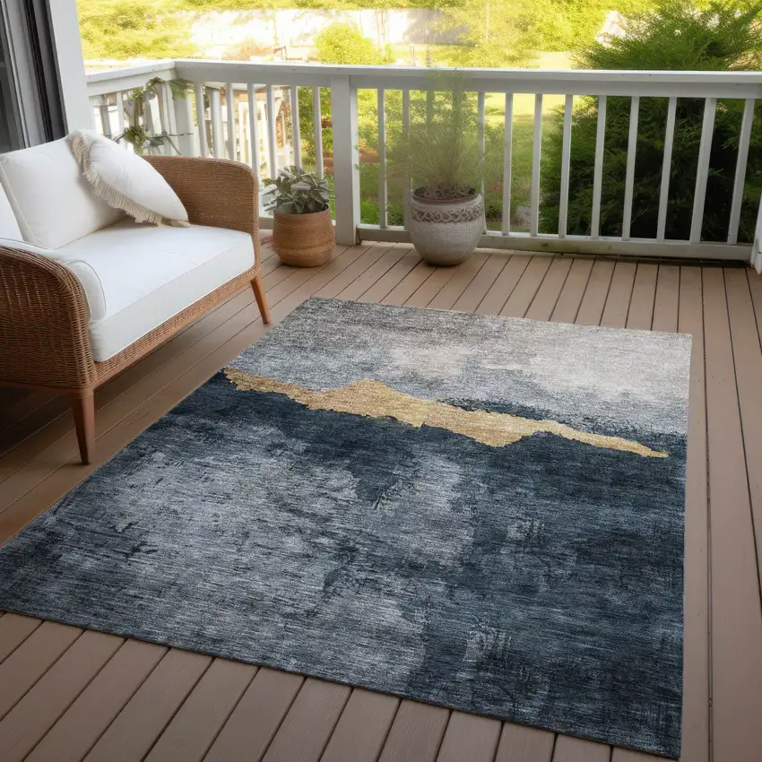 Blue Gray And Gold Abstract Washable Indoor Outdoor Area Rug Photo 6