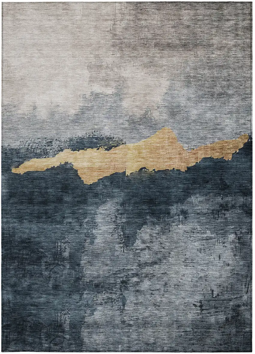 Blue Gray And Gold Abstract Washable Indoor Outdoor Area Rug Photo 6