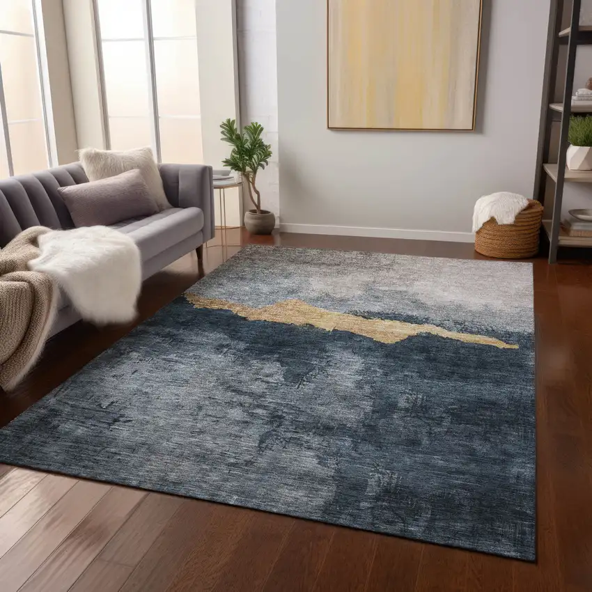 Blue Gray And Gold Abstract Washable Indoor Outdoor Area Rug Photo 9