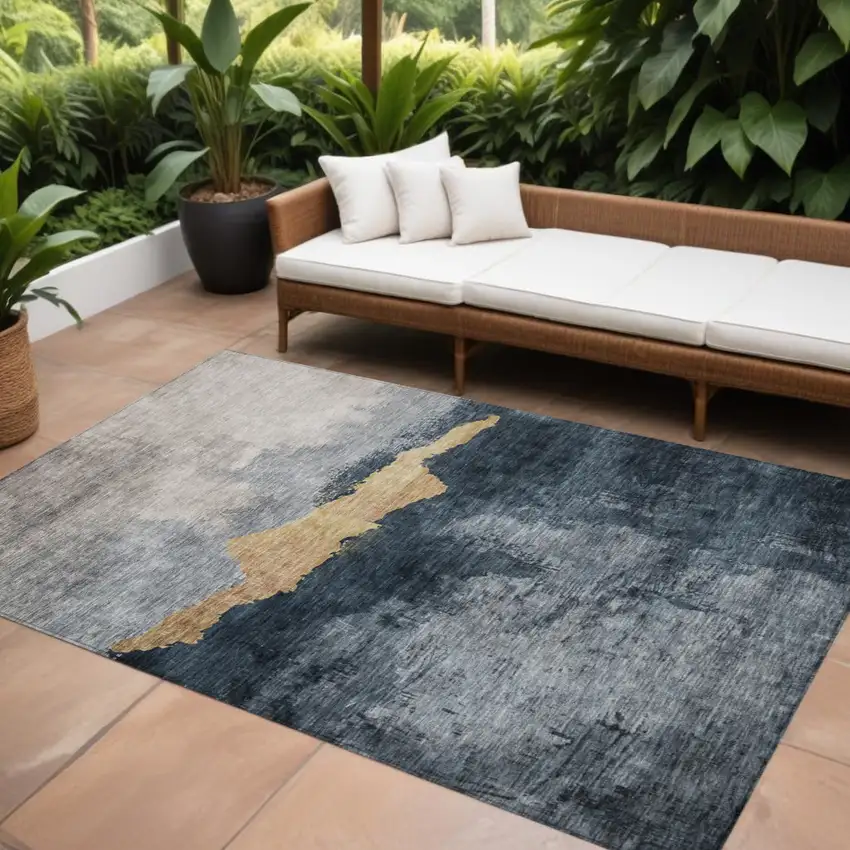 Blue Gray And Gold Abstract Washable Indoor Outdoor Area Rug Photo 1