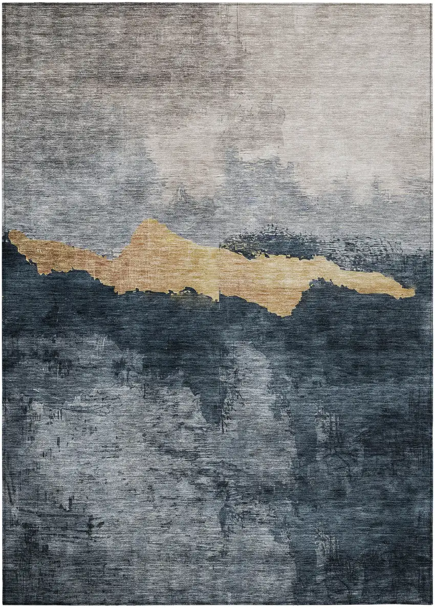Blue Gray And Gold Abstract Washable Indoor Outdoor Area Rug Photo 2
