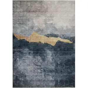 Photo of Blue Gray And Gold Abstract Washable Indoor Outdoor Area Rug