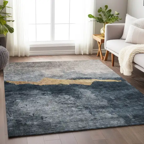 Blue Gray And Gold Abstract Washable Indoor Outdoor Area Rug Photo 8