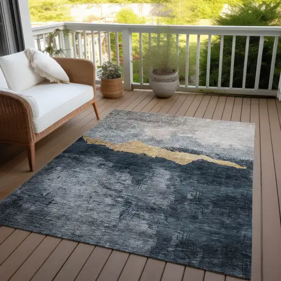 Blue Gray And Gold Abstract Washable Indoor Outdoor Area Rug Photo 7