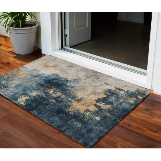 Blue Gray And Gold Abstract Washable Indoor Outdoor Area Rug Photo 1