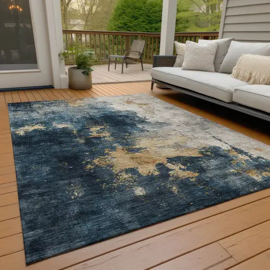 Blue Gray And Gold Abstract Washable Indoor Outdoor Area Rug Photo 9
