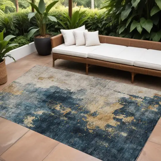 Blue Gray And Gold Abstract Washable Indoor Outdoor Area Rug Photo 1