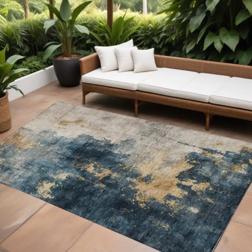 Blue Gray And Gold Abstract Washable Indoor Outdoor Area Rug Photo 1