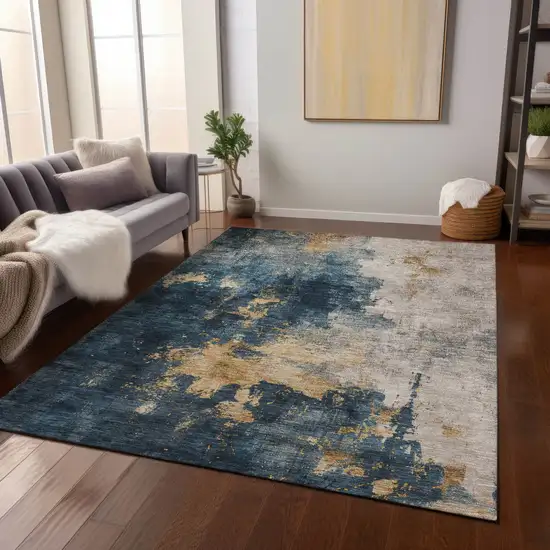 Blue Gray And Gold Abstract Washable Indoor Outdoor Area Rug Photo 9