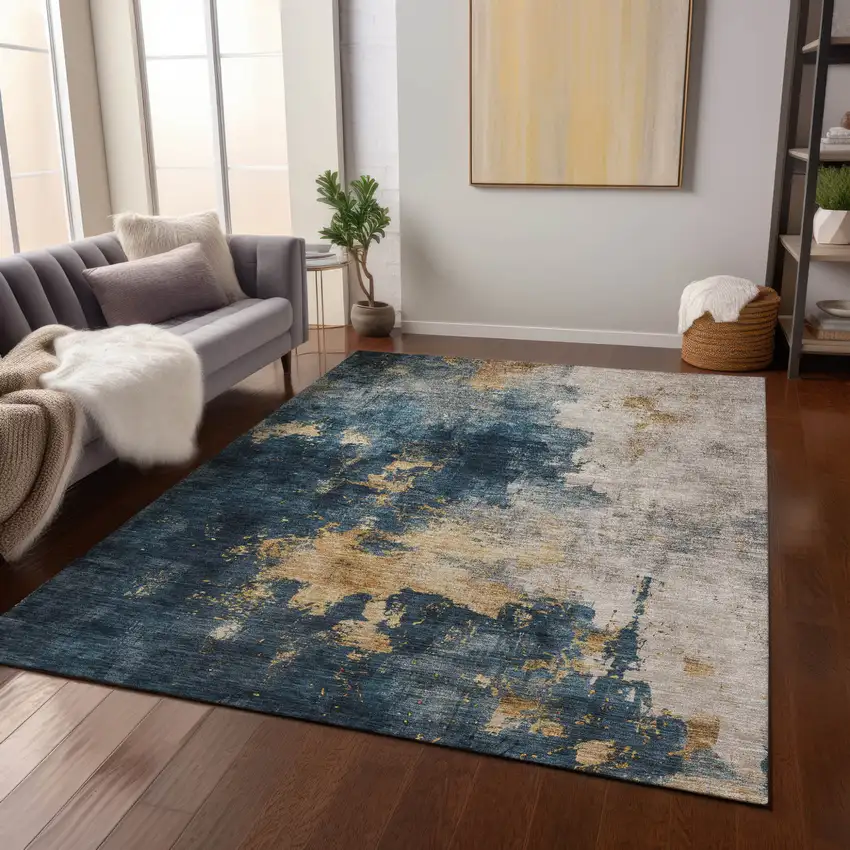 Blue Gray And Gold Abstract Washable Indoor Outdoor Area Rug Photo 9